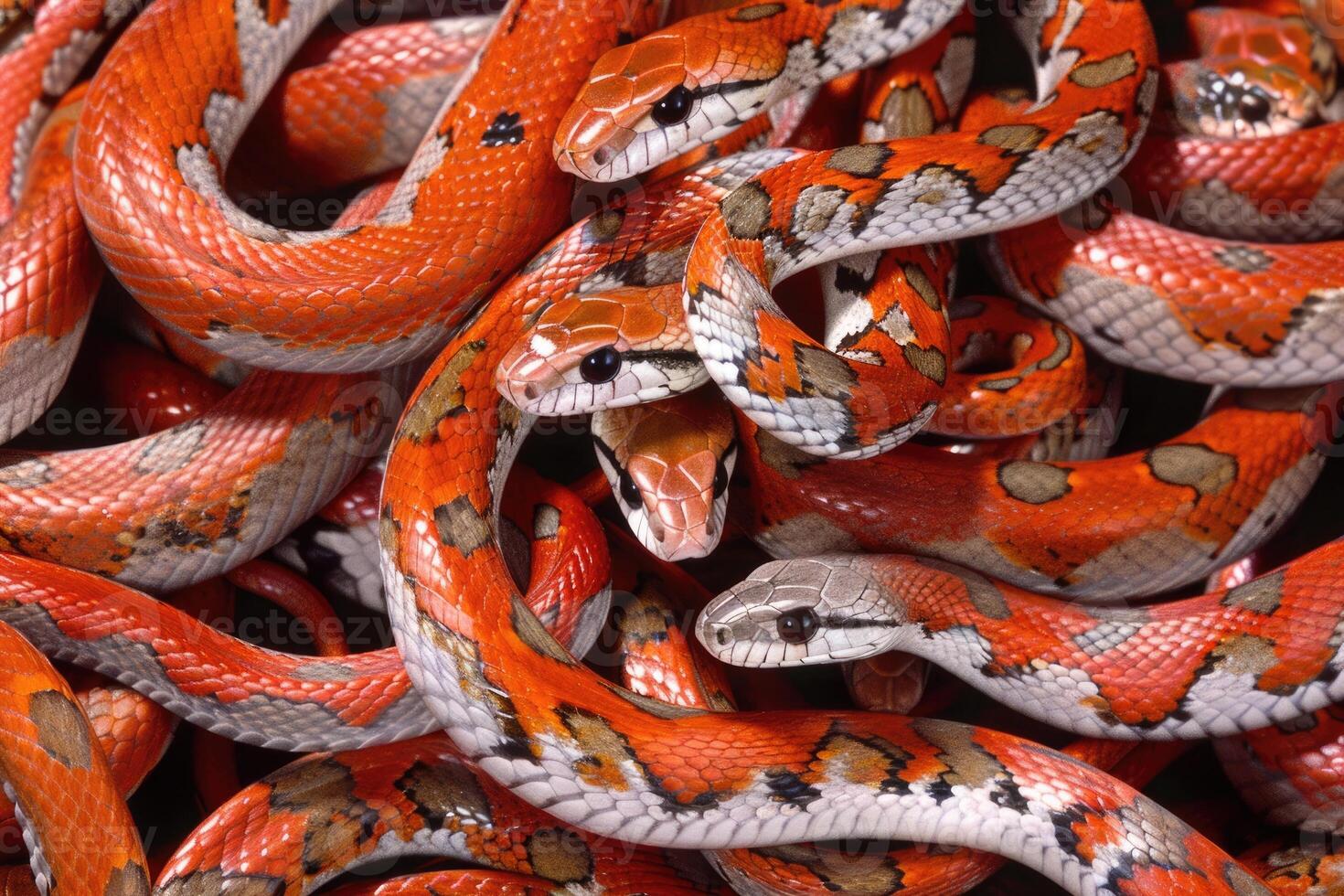 Close up of red wild snakes with scales slithering in a circle in nature. photo