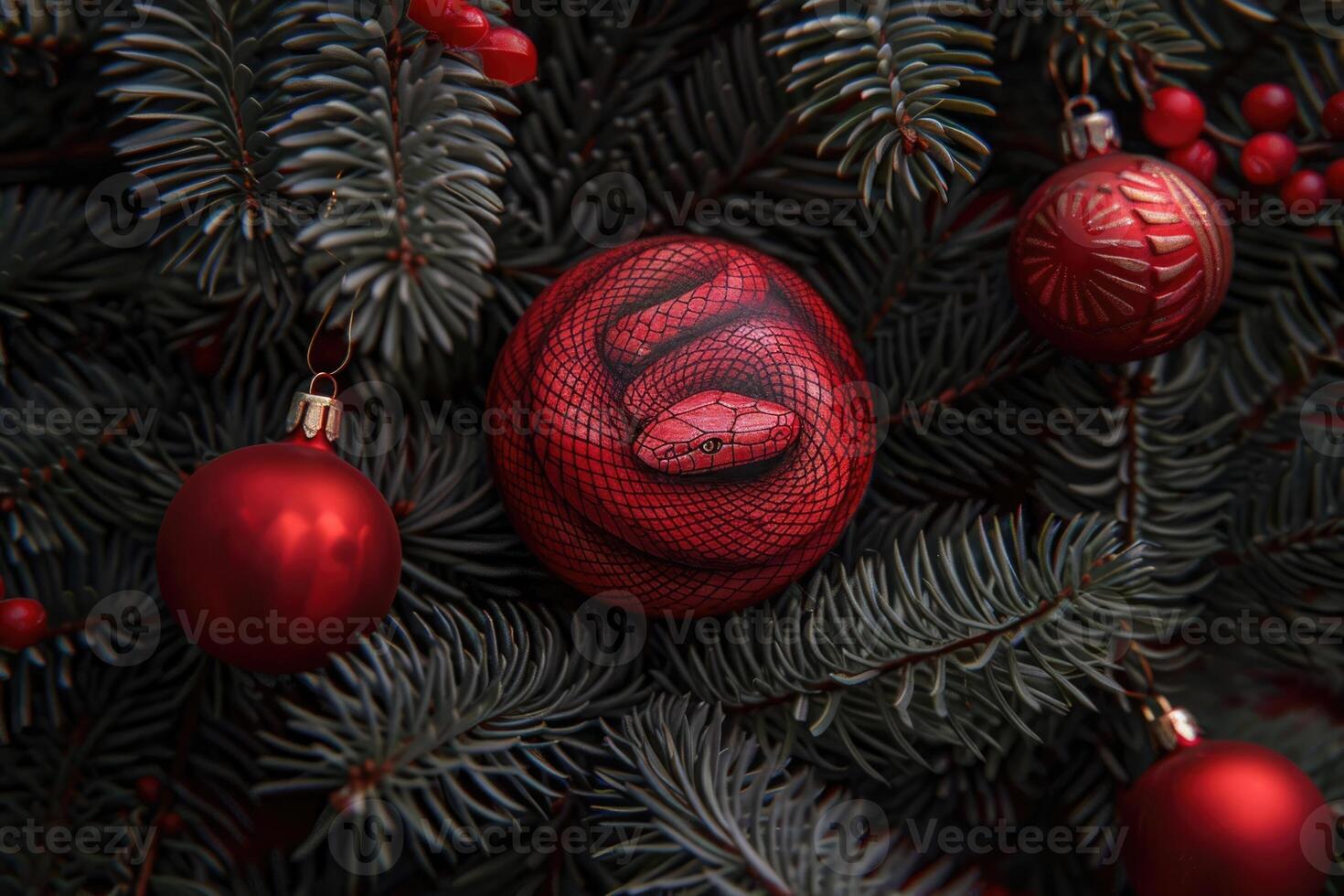 red Snake in a Christmas tree toy balls on a fir tree branch background. photo