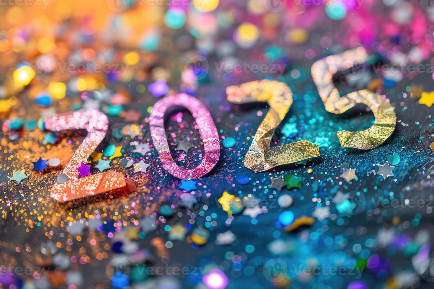 Creative colorful shiny number 2025 with festive confetti on festive background photo