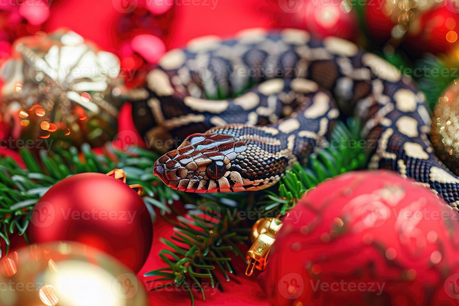 Snake a symbol of 2025 year with Christmas tree toy ball in a red background. photo