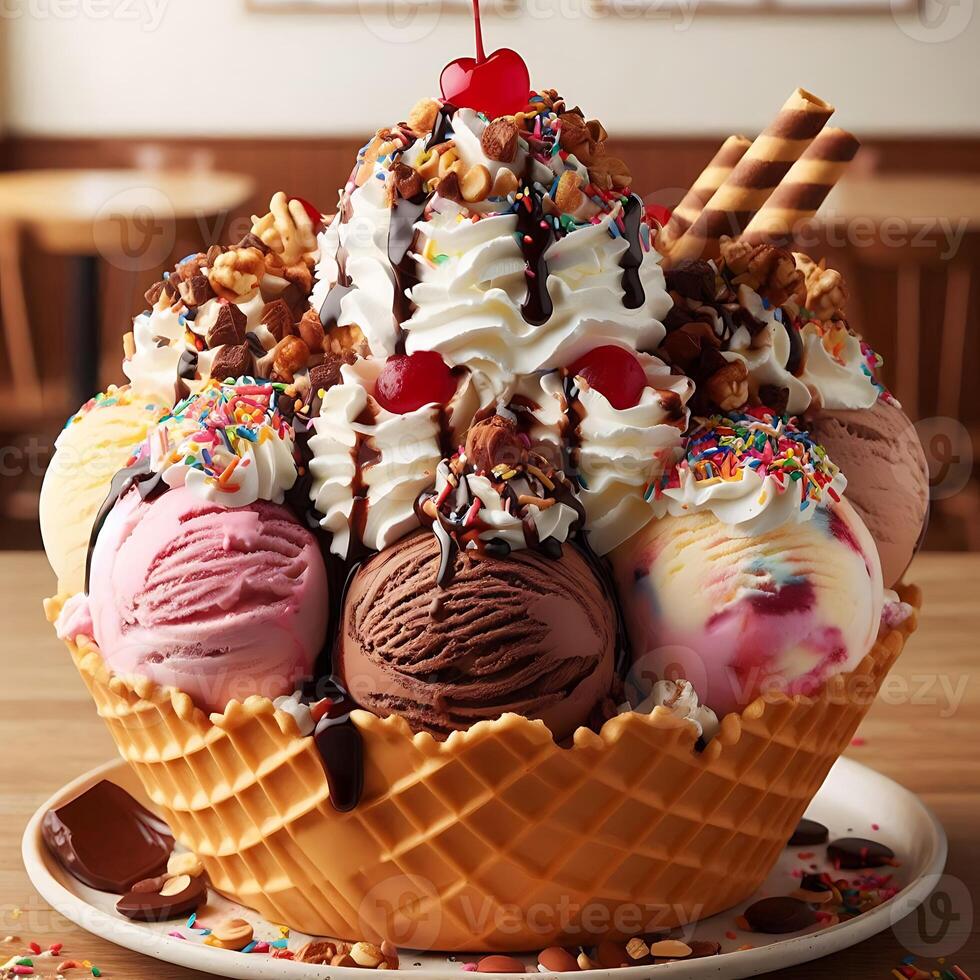 An Extravagant Sundae Creation Featuring a Medley of Flavors, Whipped Cream, and Sweet Toppings photo