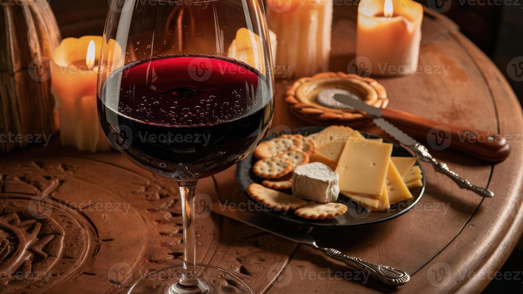 A Glass Of Red Wine With A Plate Of Gourmet Cheese And Crackers, Rustic Wooden Table, Candlelight Romantic Dinner Table Setting At Night photo