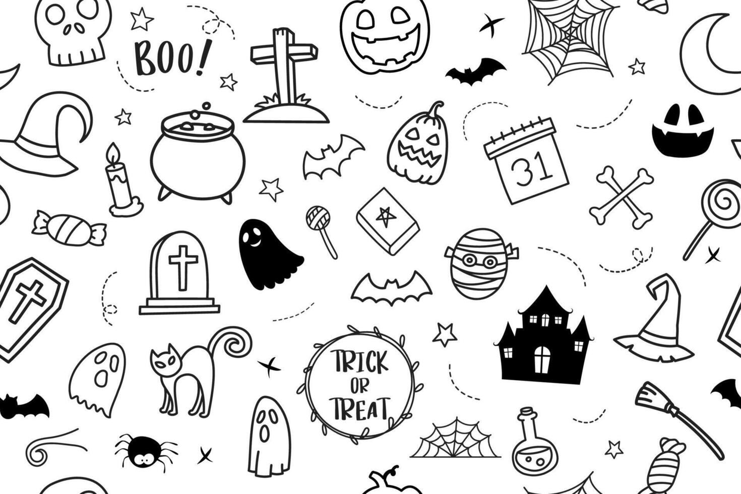 Halloween hand drawn pattern seamless background. Cover halloween doodle style for textile fabric cute design. vector