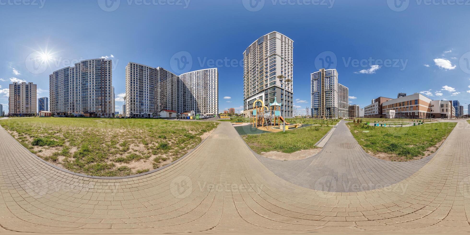 hdri 360 panorama near new with skyscrapers and residential complex in full equirectangular seamless spherical projection photo