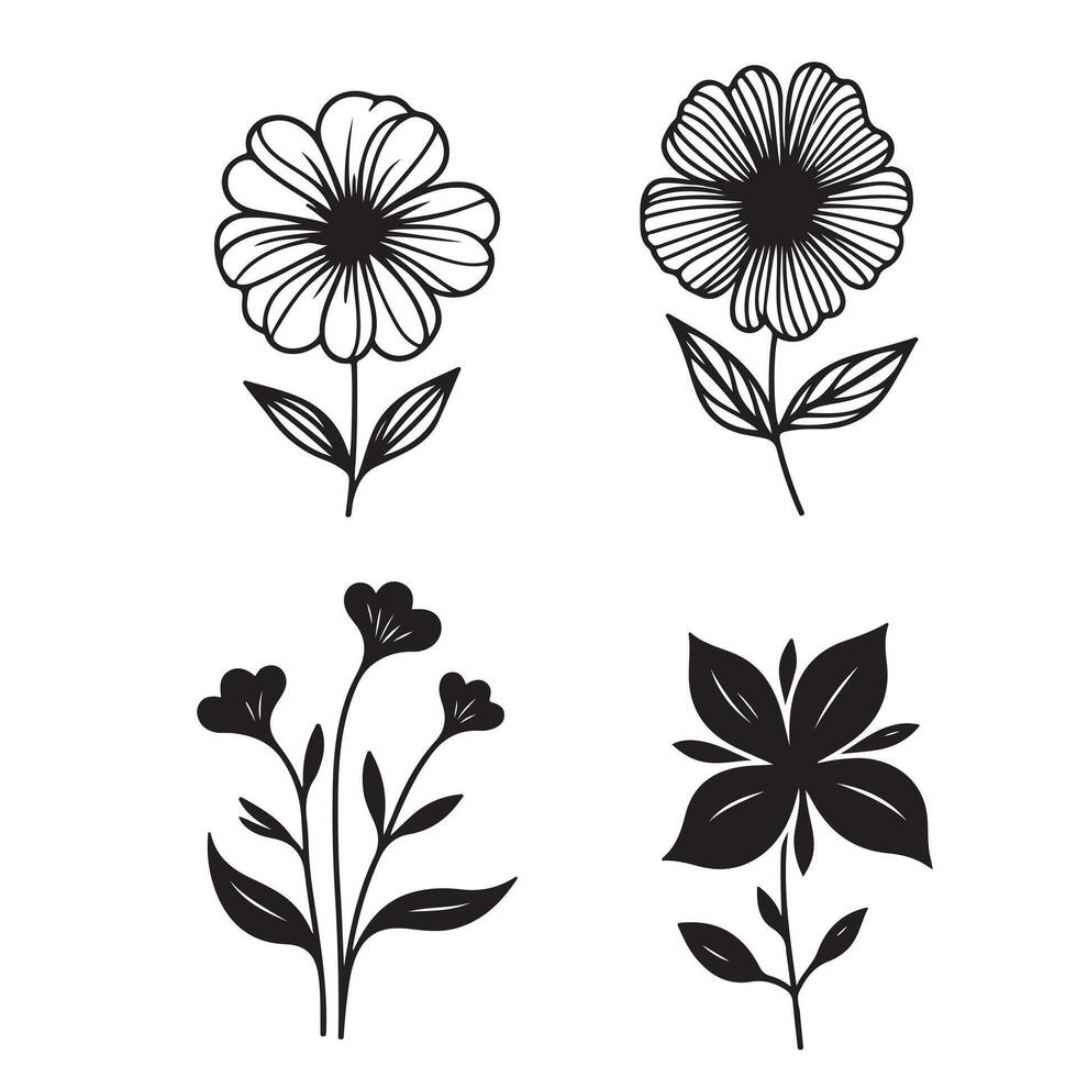 singel line black flower sillhouette set with white background vector