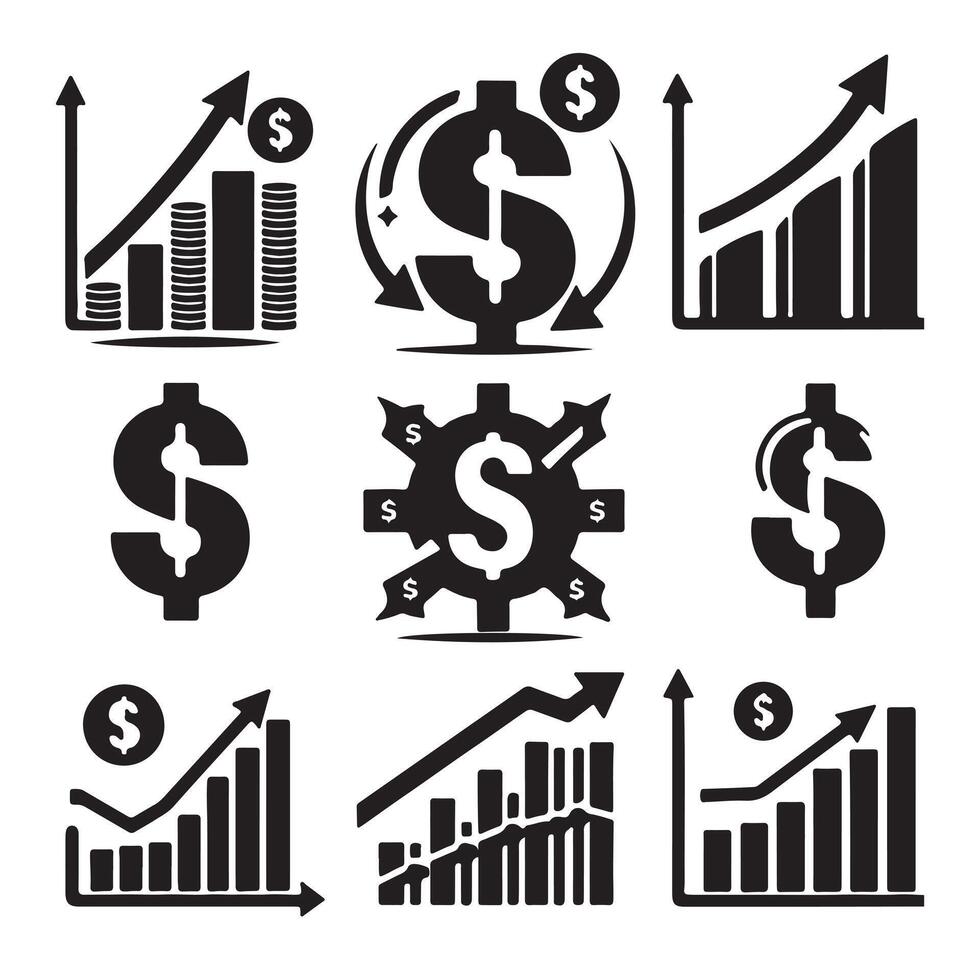 Set of chart icons with dollar sign in even silhouette on a white background. The graph shows downward and upward trends. vector