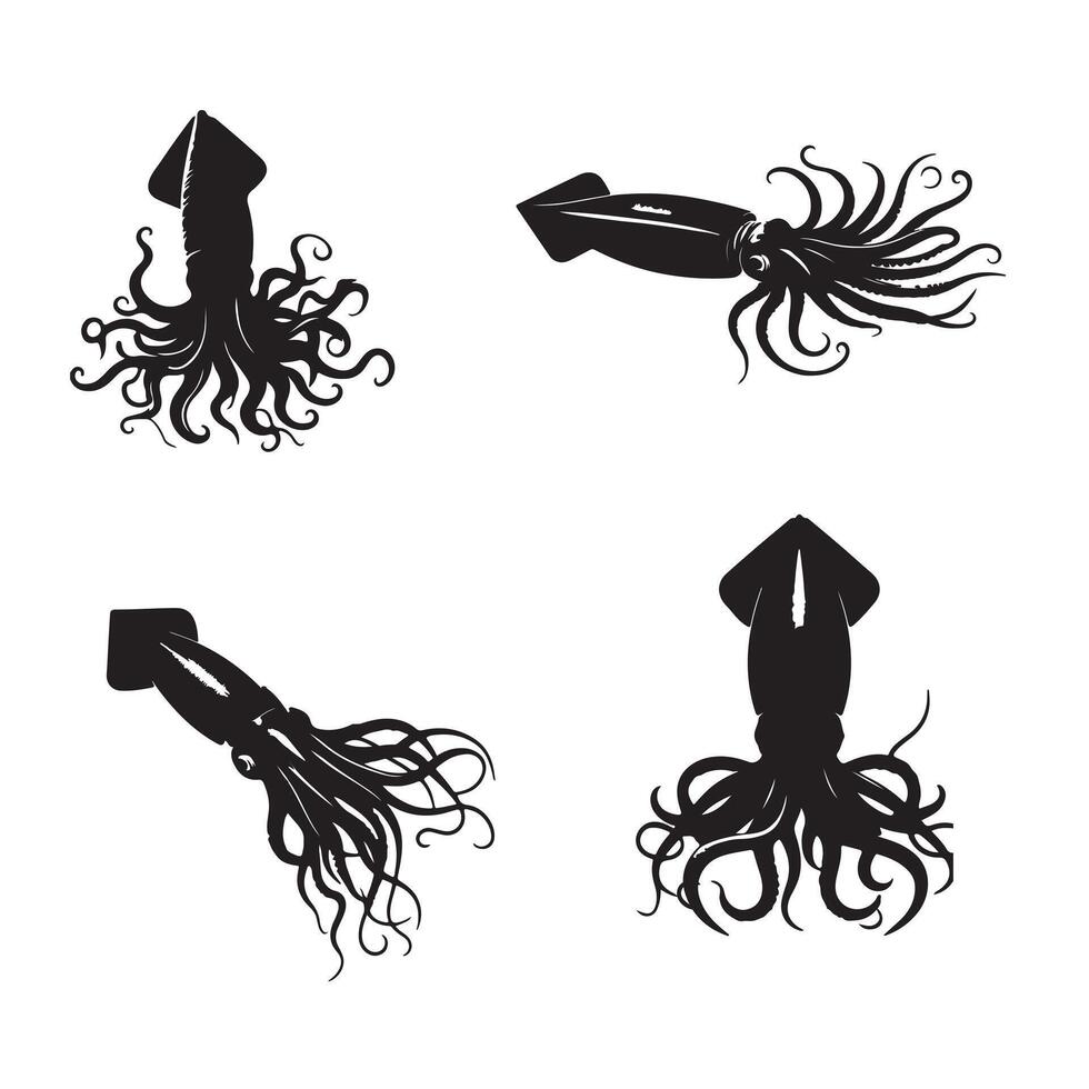 black silhouette colossal squid set 10 eps vector