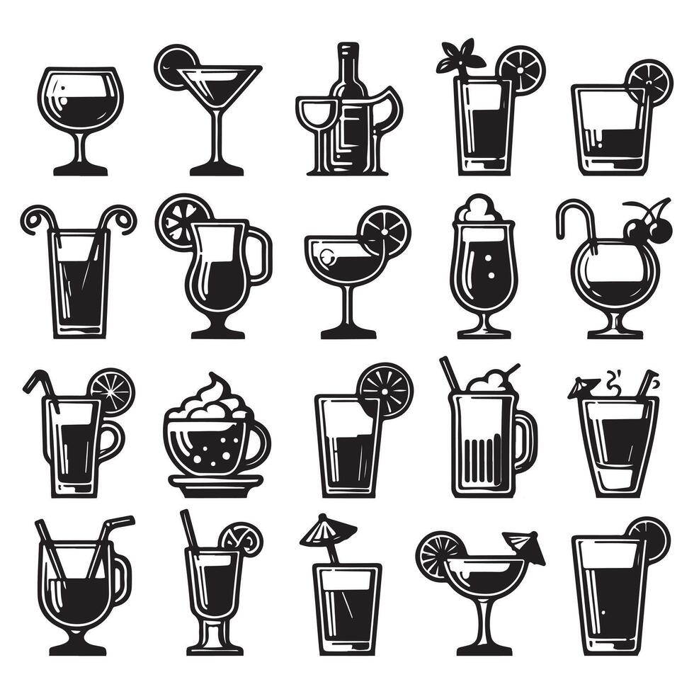Set of icons of various black drink glasses image with white background vector