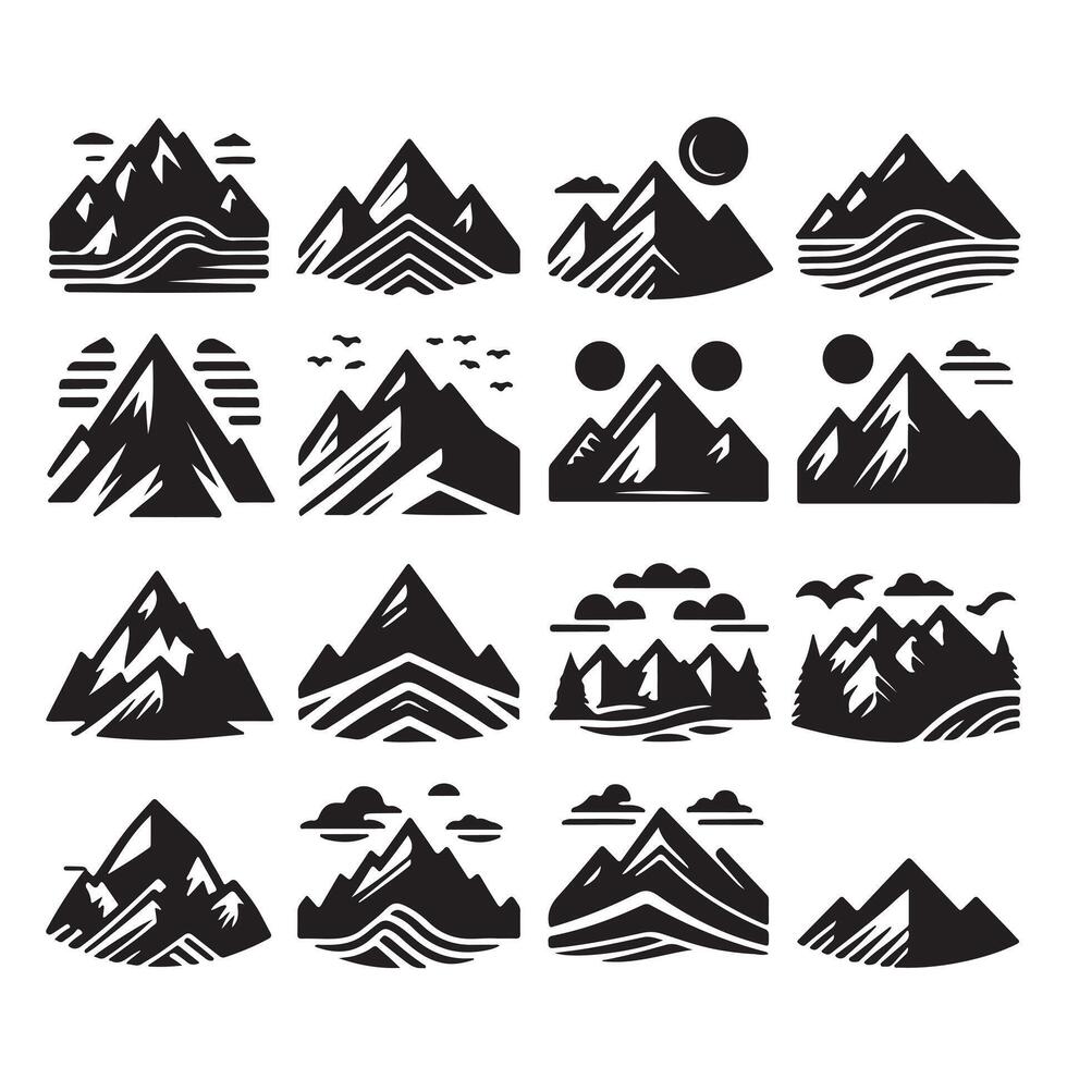 Set Mountain icons, Collection different types of Mountains Black with white background vector