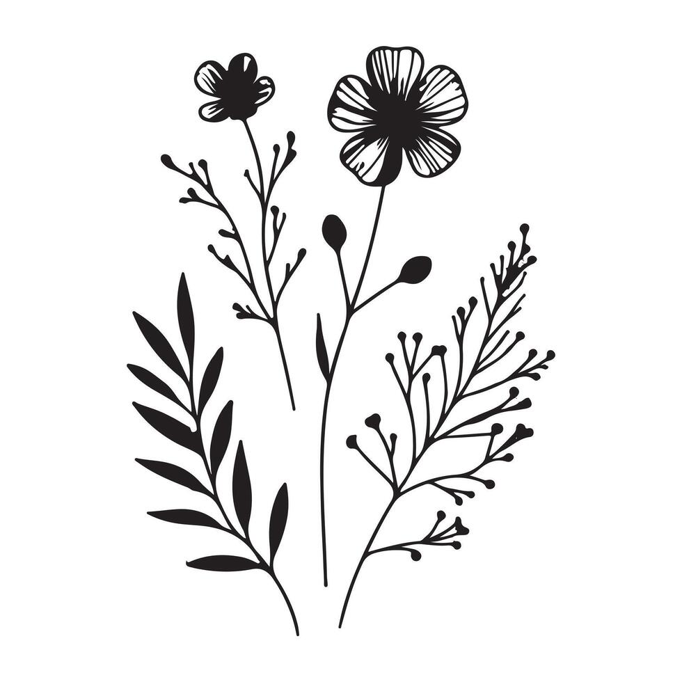 black silhouette singal line flowers with white background vector