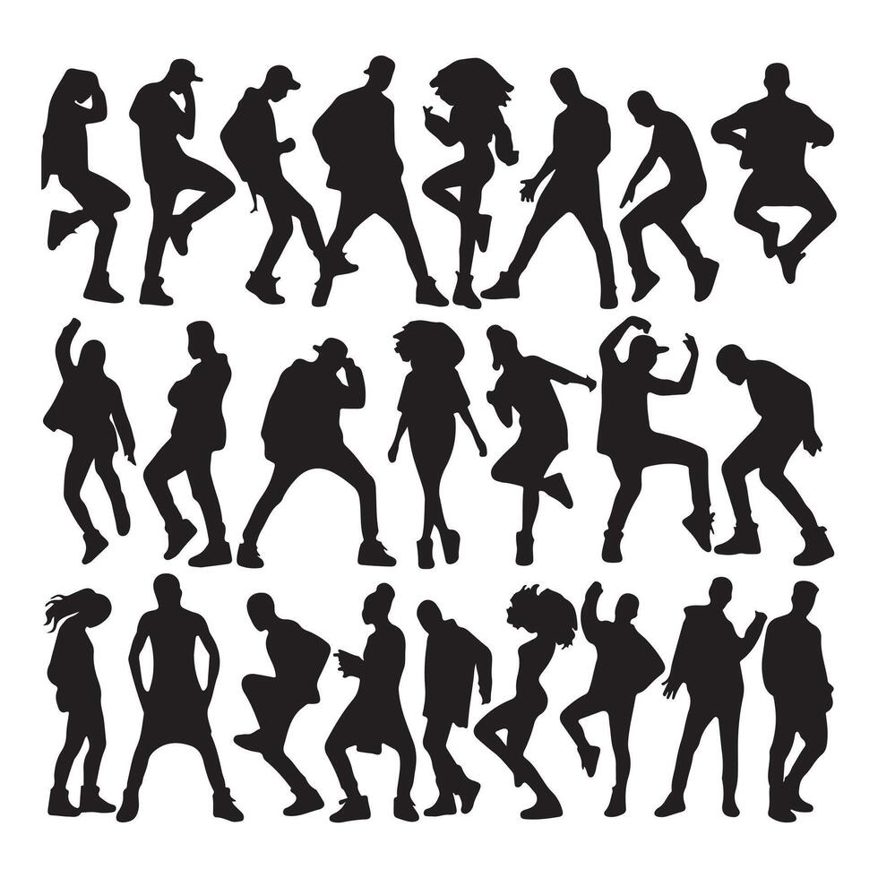 A set of black men and women street dance hip hop dancers in silhouette with white background vector