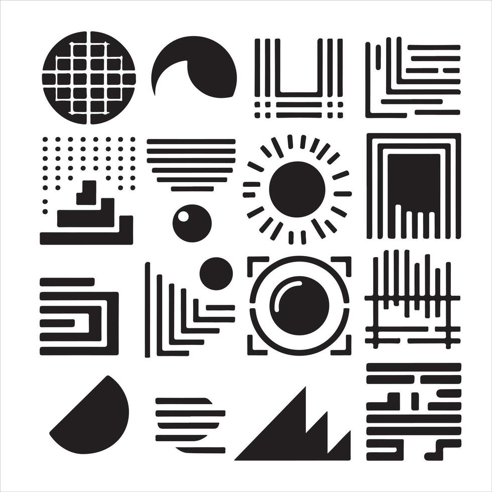black Brutalist geometric shapes, modern symbols. Simple primitive elements and forms. Retro design, trendy contemporary minimalist style, y2k. illustration vector