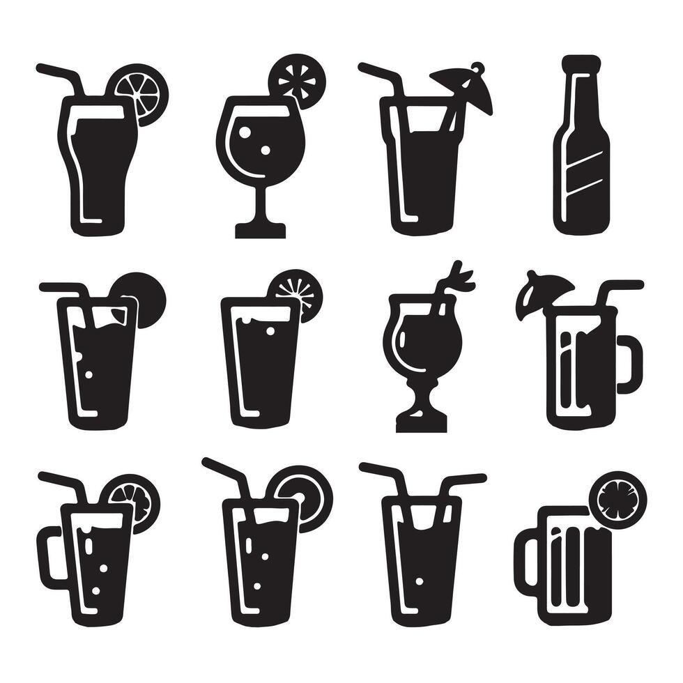 Set of icons of various black drink glasses image with white background vector