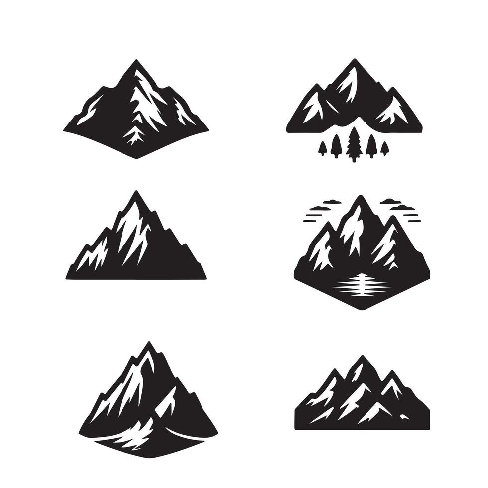 Set Mountain icons, Collection different types of Mountains Black with white background vector