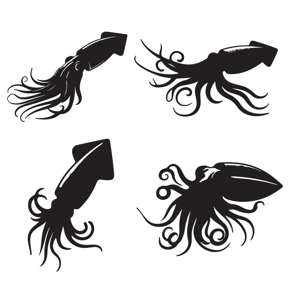 black silhouette colossal squid set 10 eps vector
