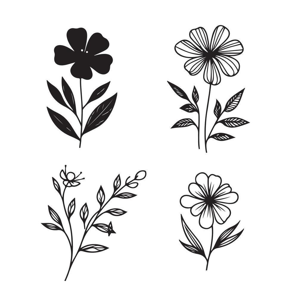 singel line black flower sillhouette set with white background vector