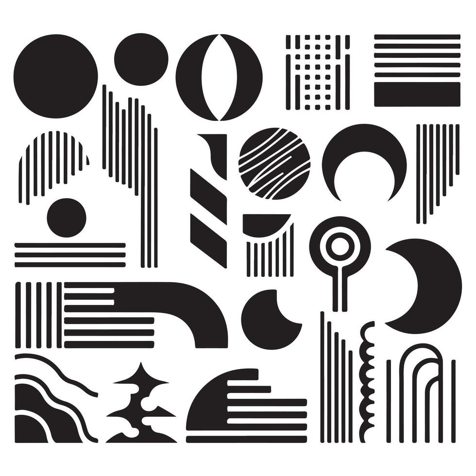 black Brutalist geometric shapes, modern symbols. Simple primitive elements and forms. Retro design, trendy contemporary minimalist style, y2k. illustration vector