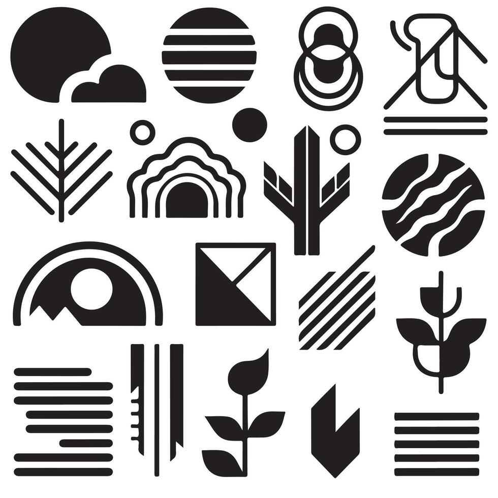 black Brutalist geometric shapes, modern symbols. Simple primitive elements and forms. Retro design, trendy contemporary minimalist style, y2k. illustration vector