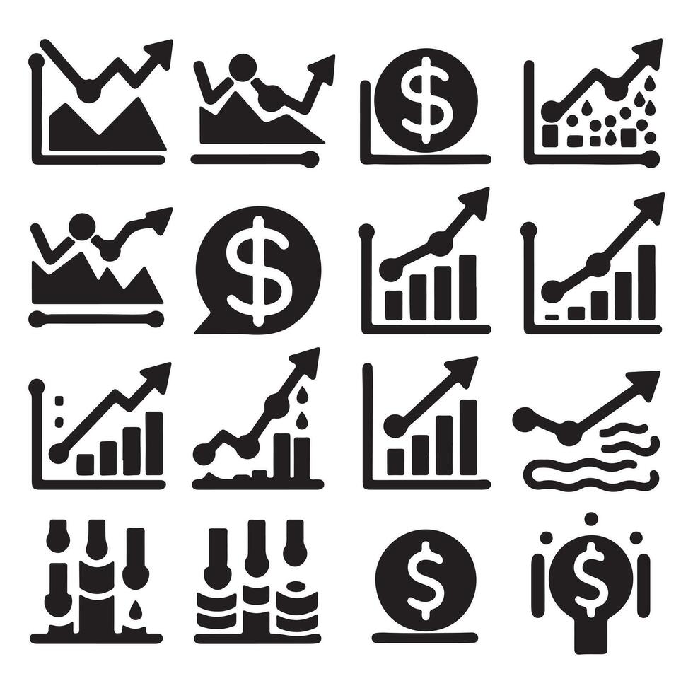 Set of chart icons with dollar sign in even silhouette on a white background. The graph shows downward and upward trends. vector