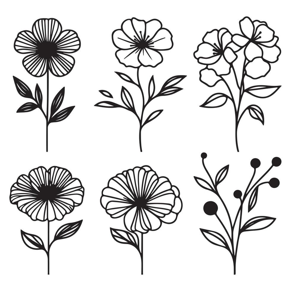 singel line black flower sillhouette set with white background vector