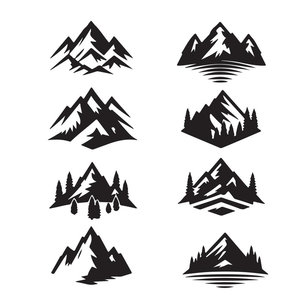 Set Mountain icons, Collection different types of Mountains Black with white background vector