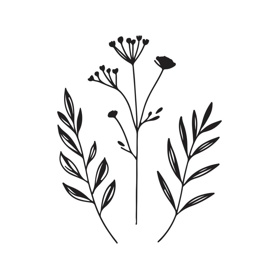 black silhouette singal line flowers with white background vector