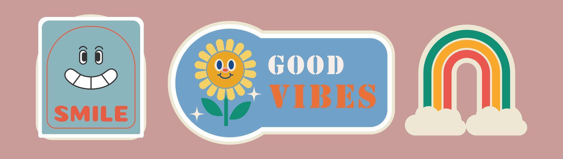 Retro Positive Vibes Sticker Set vector