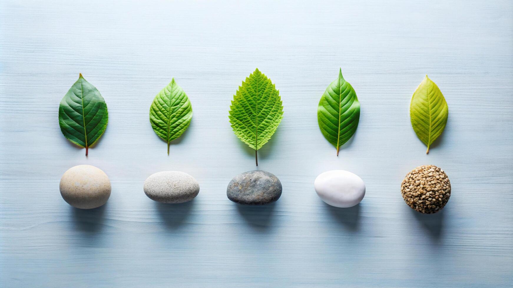 Green leaves and zen stones on blue wooden background, top view photo