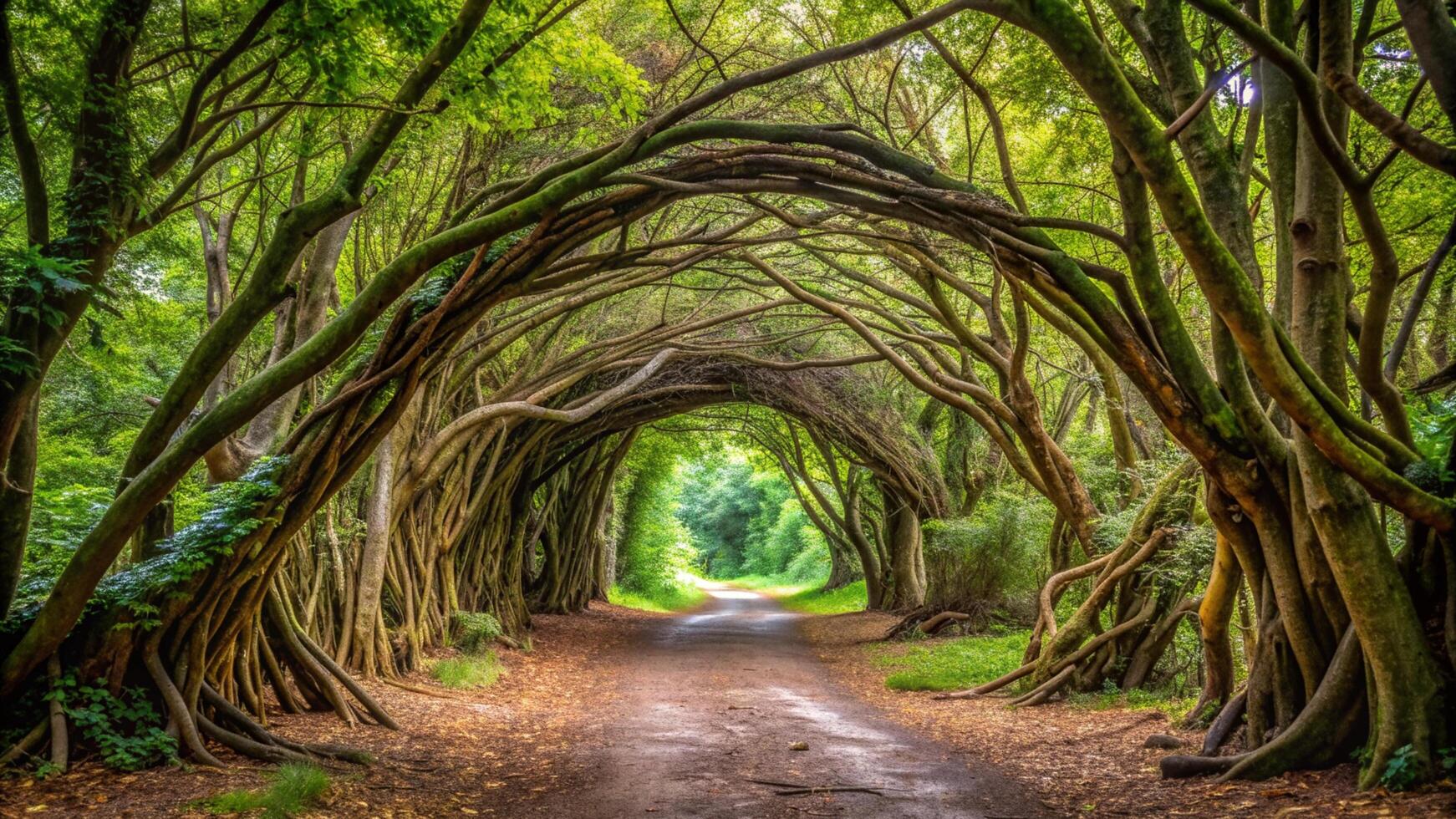 Natural archway shaped by branches in the forest photo