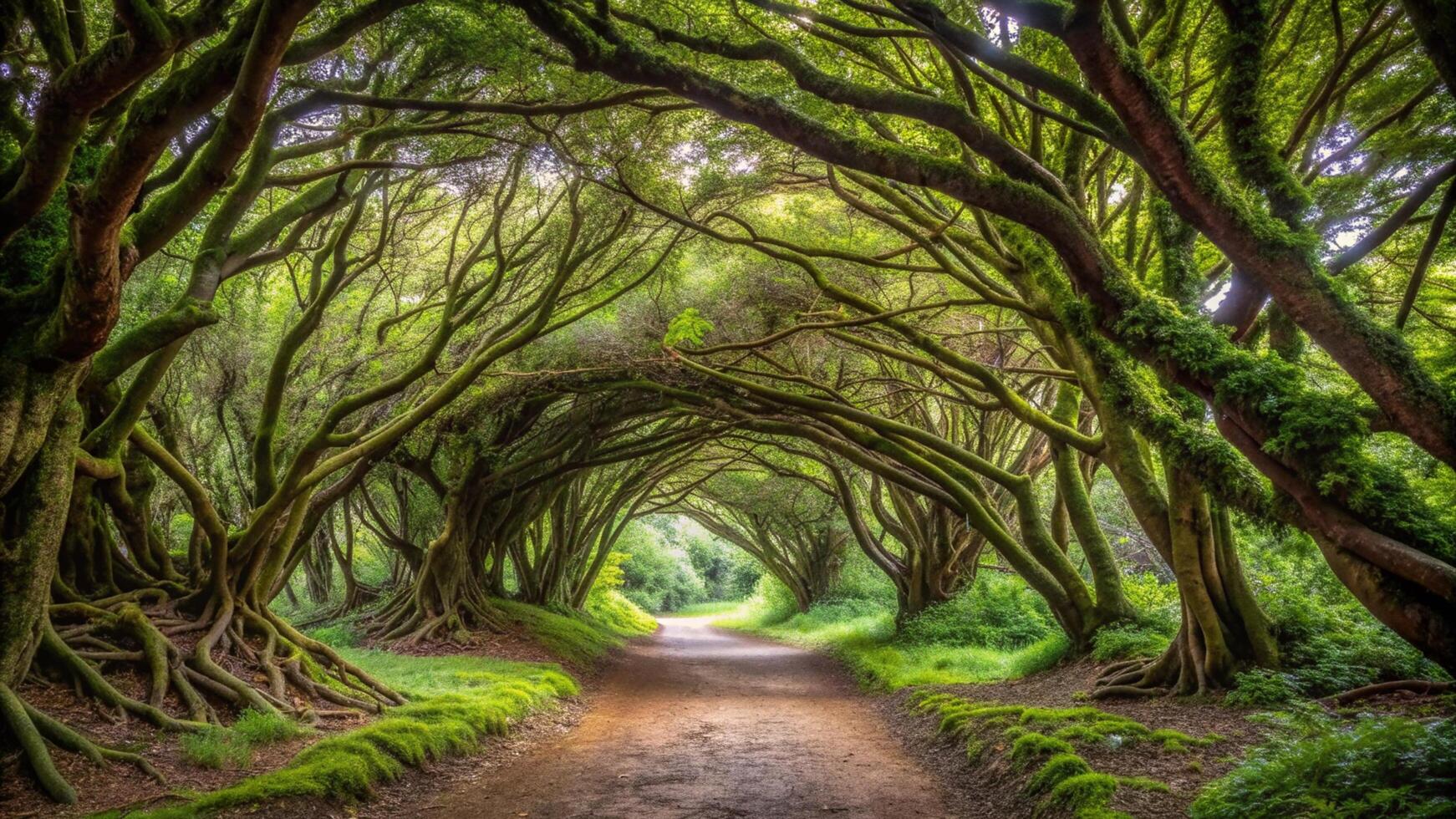 Natural archway shaped by branches in the forest photo