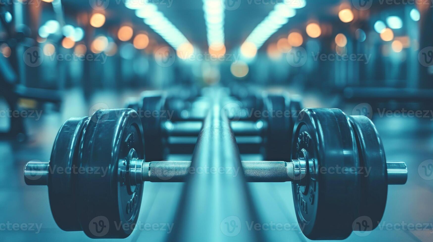 Set of dumbbells neatly arranged on a rack in a modern gym at sunrise. Concept of fitness equipment, weight training, gym interior, healthy lifestyle photo