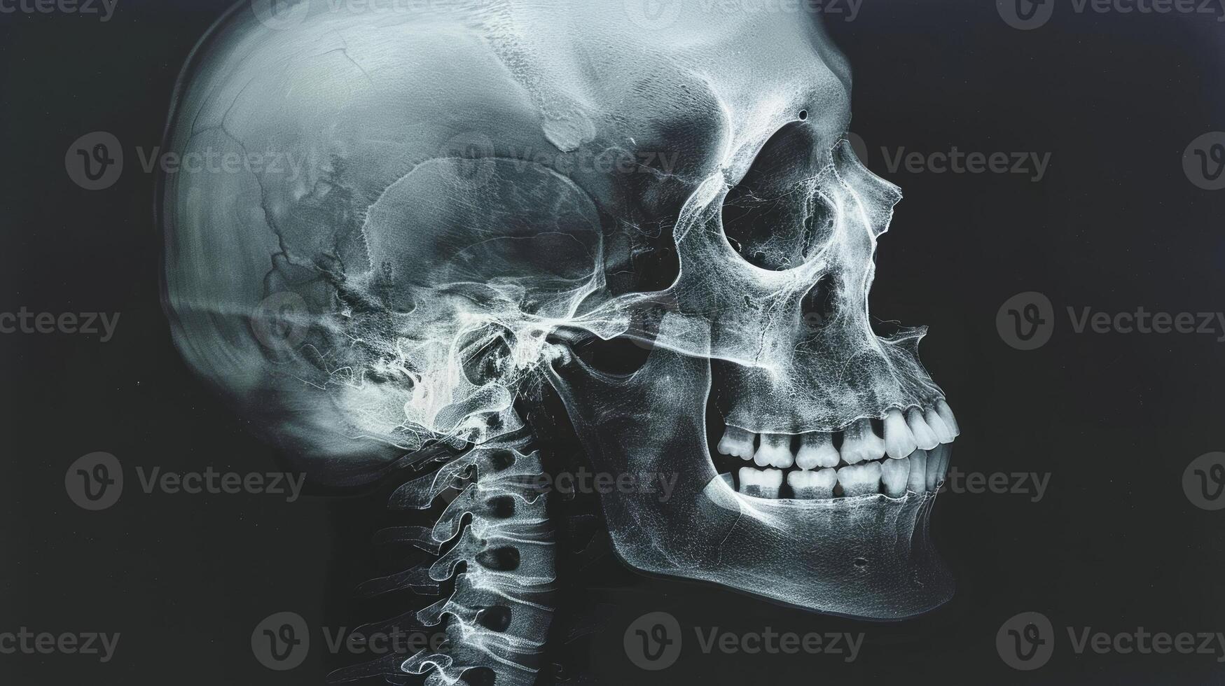 Detailed X-Ray Image of a Human Skull Showing Bones and Teeth on a Dark Background. Concept of Medical Imaging, Anatomy, Skeletal Structure photo