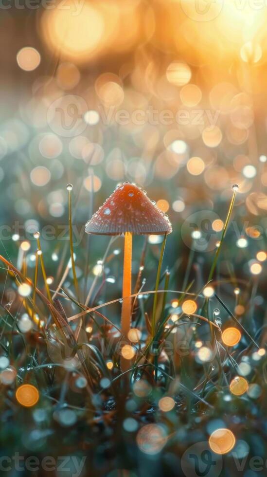 Dew-covered toadstool mushrooms growing among sunlit dewy grass in a meadow at sunrise. Concept of morning nature, forest fungi, peaceful outdoor scenery, fresh atmosphere. Vertical photo