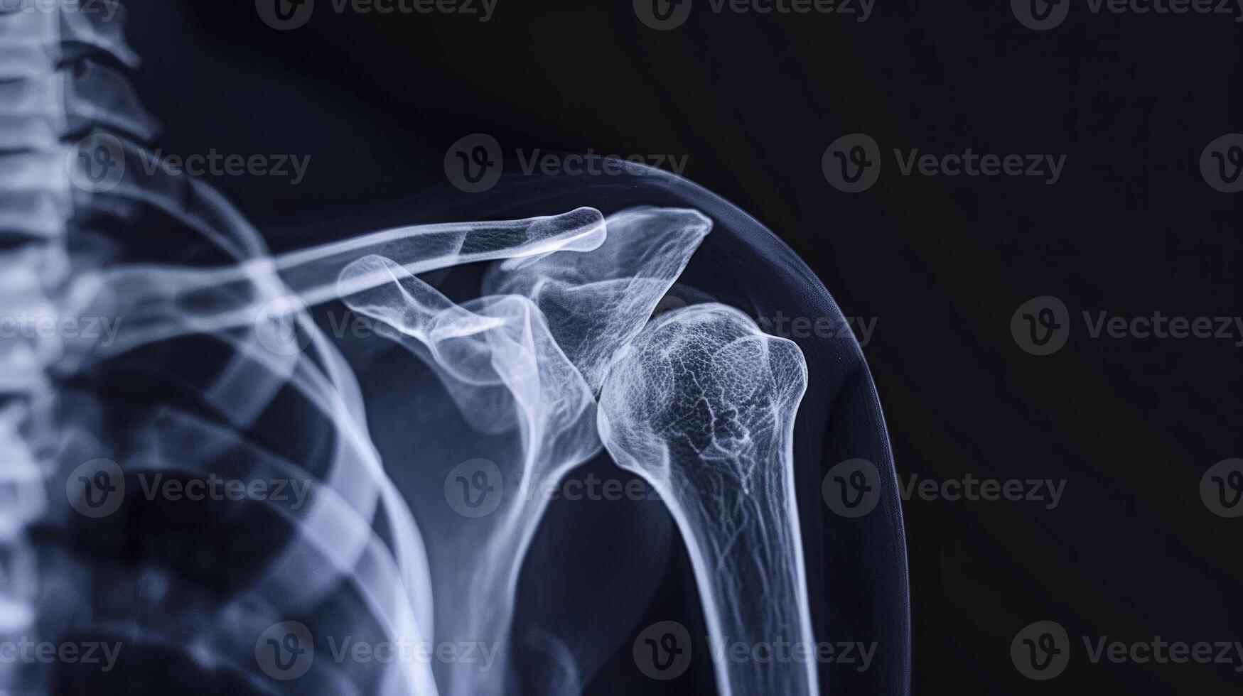 Detailed High-Resolution X-ray Image of Human Shoulder Joint and Rib Cage. Concept of Human Anatomy, Medical Imaging, Bone Structure, Orthopedics, scanning photo