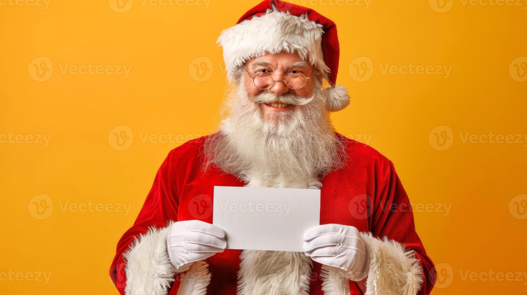 Santa Claus holding blank white card in front of Christmas tree and yellow background. Concept of festive holiday season, Christmas greetings. Greeting card, postcard, mockup, invitation. Copy space photo