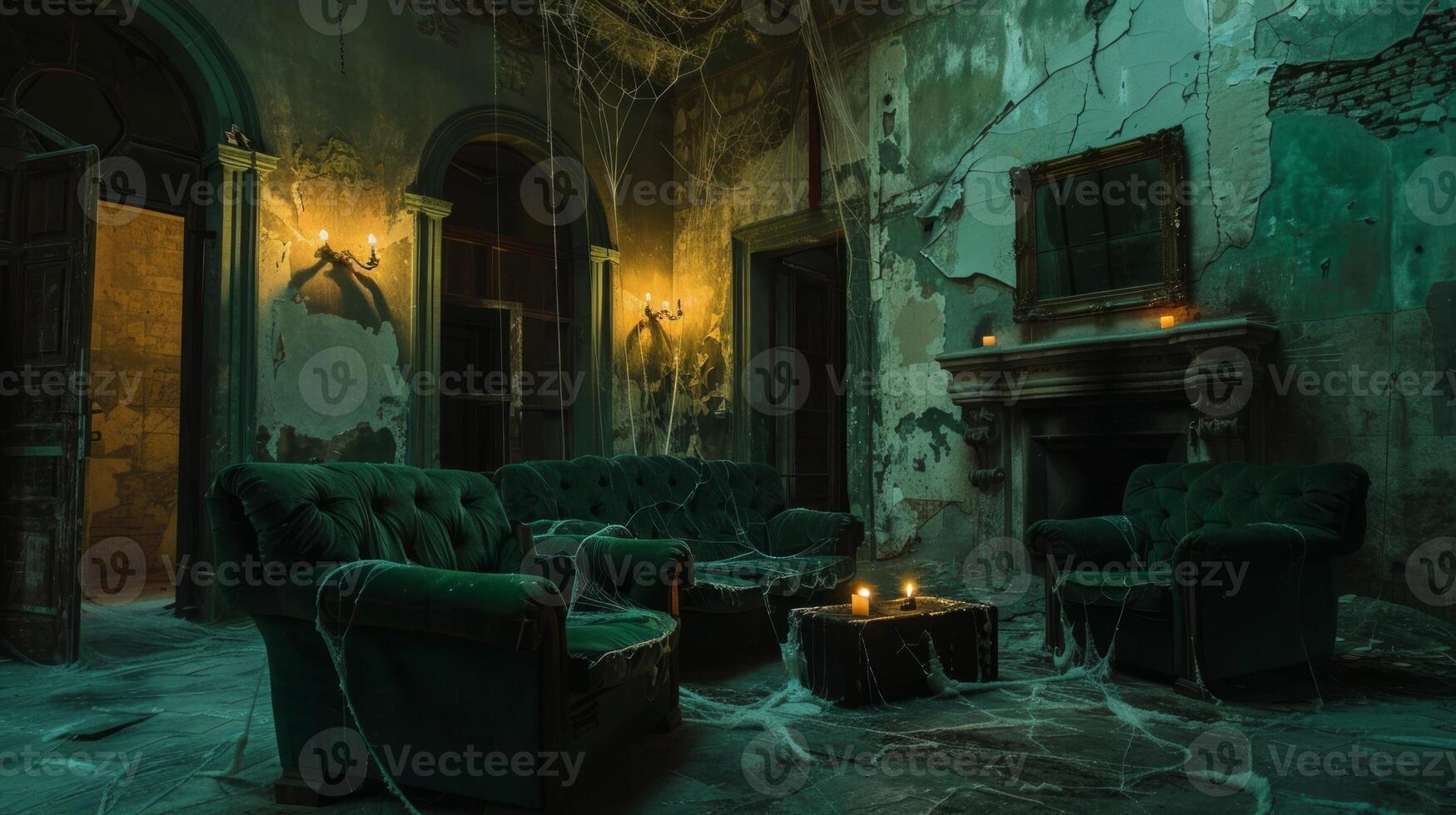 Dark eerie antique living room with green velvet furniture. Concept of spooky, abandoned mansion, vintage interior, Gothic style. Haunted house, horror scene, dilapidated elegance, Halloween photo
