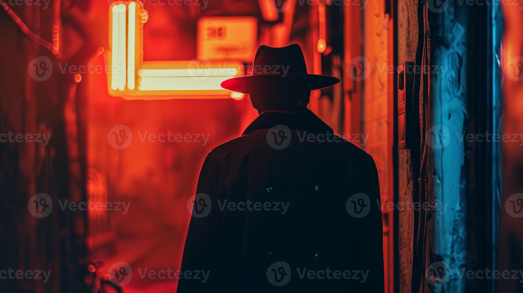 Detective silhouette in black trench coat and fedora against neon red lit alley at night. Concept of mystery, noir, crime investigation, urban night scene, retro style photo