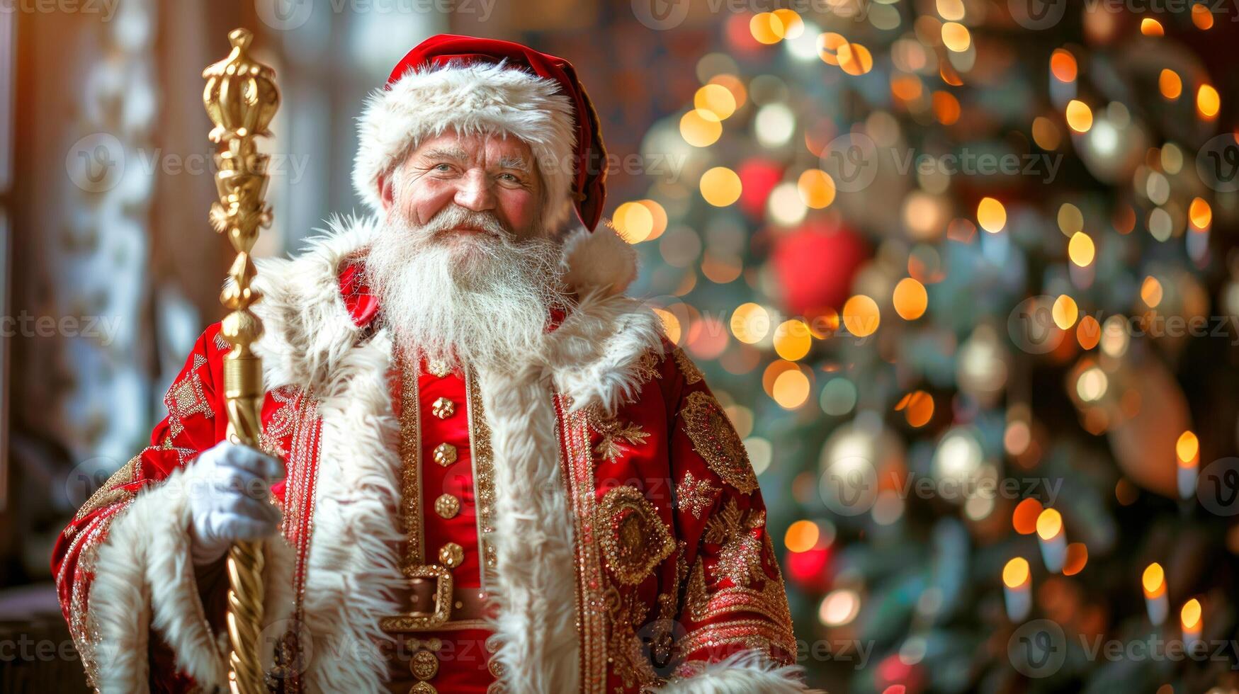 Ded Moroz in a traditional red and white fur-trimmed coat holding staff, with festive bokeh background. Concept of Christmas, Santa Claus, holiday traditions, winter celebration, Ukrainian culture photo
