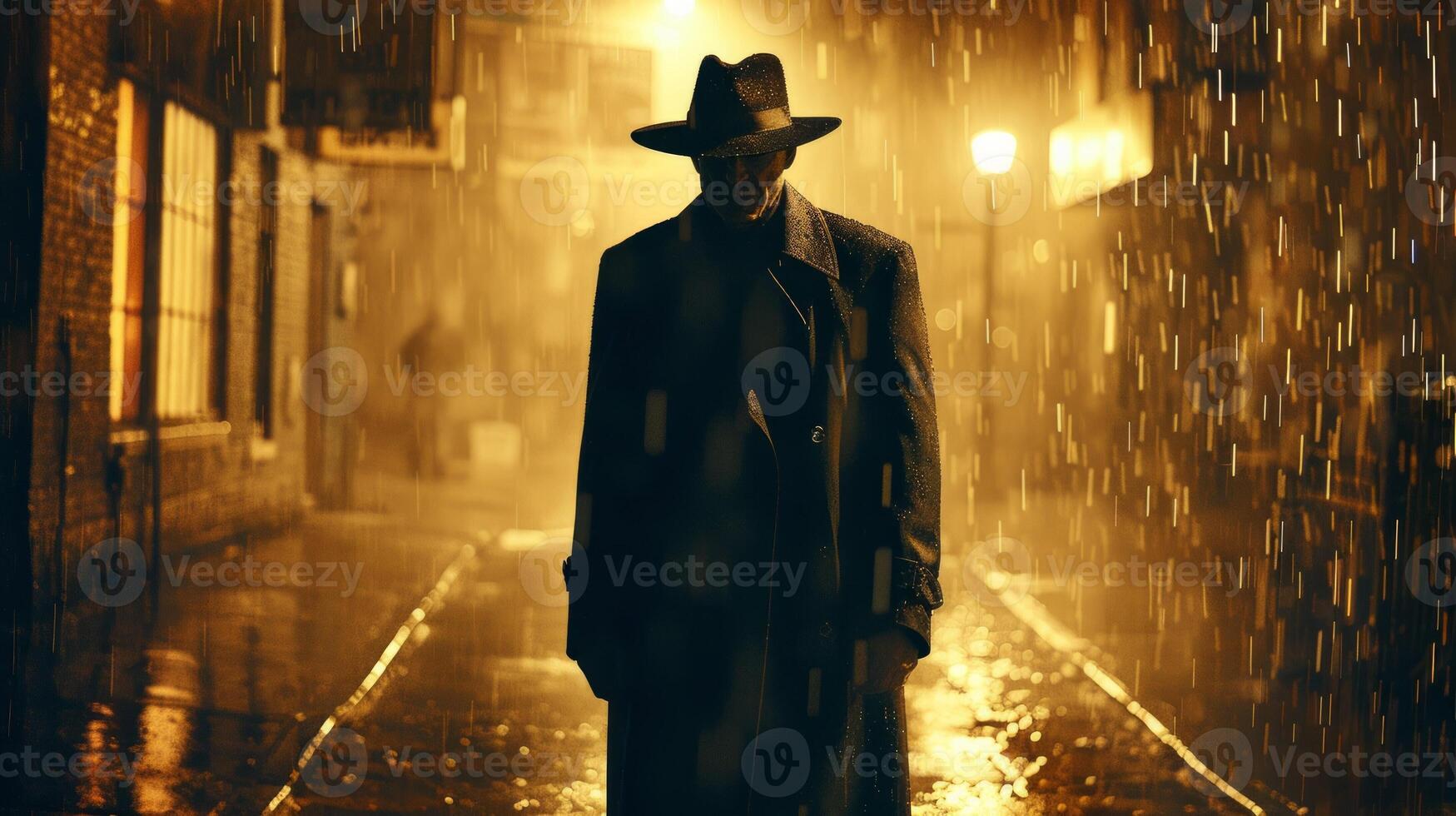Detective silhouette in black trench coat and fedora against neon red lit alley at night. Concept of mystery, noir, crime investigation, urban night scene, retro style photo