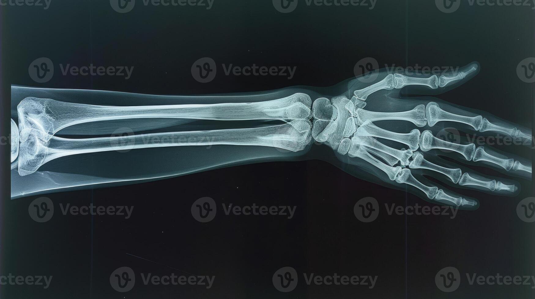X-ray image of a human forearm displaying detailed bone structure, including radius and ulna. Concept of medical imaging, bone anatomy, orthopedic analysis, and healthcare diagnostics photo