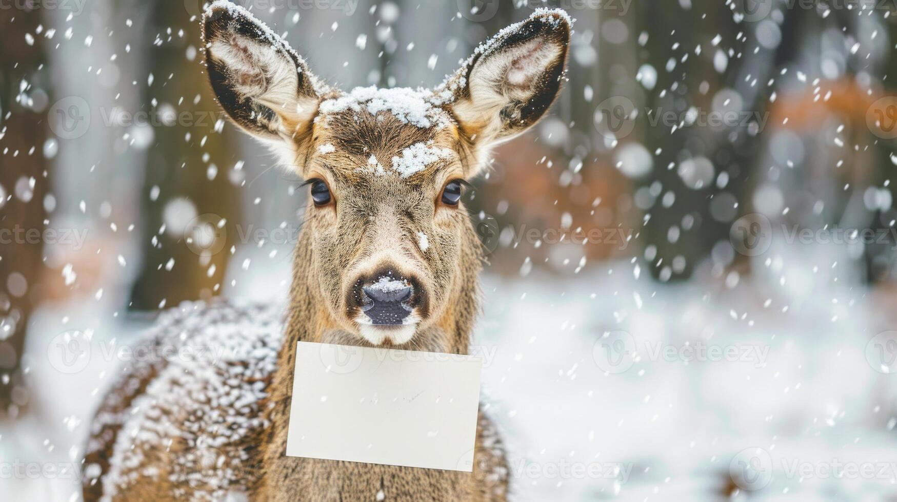 Christmas reindeer with antlers holding a blank white card in a snowy forest. Concept of deer, holiday greetings, winter nature scene. Greeting card, postcard, mockup, invitation, letter. Copy space photo