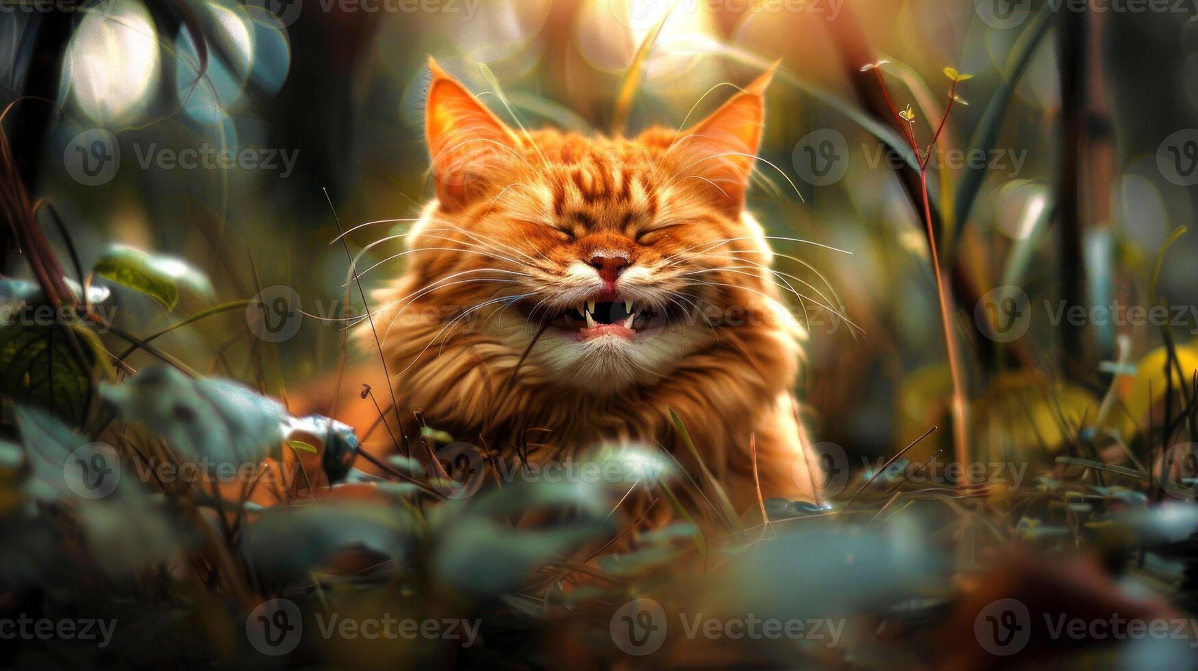 Whimsical smile of an orange tabby cat in a forest setting. Concept of cat expressions, nature, feline happiness, outdoor adventure, funny kitten, Happy Pet photo