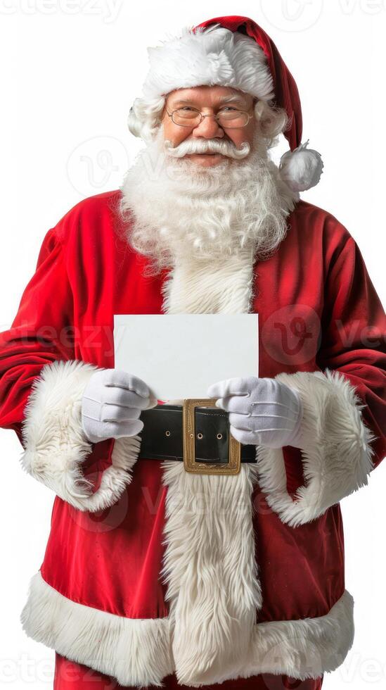 Santa Claus holding an empty white card on white background. Concept of holiday, Christmas, greeting card, festive season. Vertical. Postcard, mockup, invitation, letter. Copy space photo