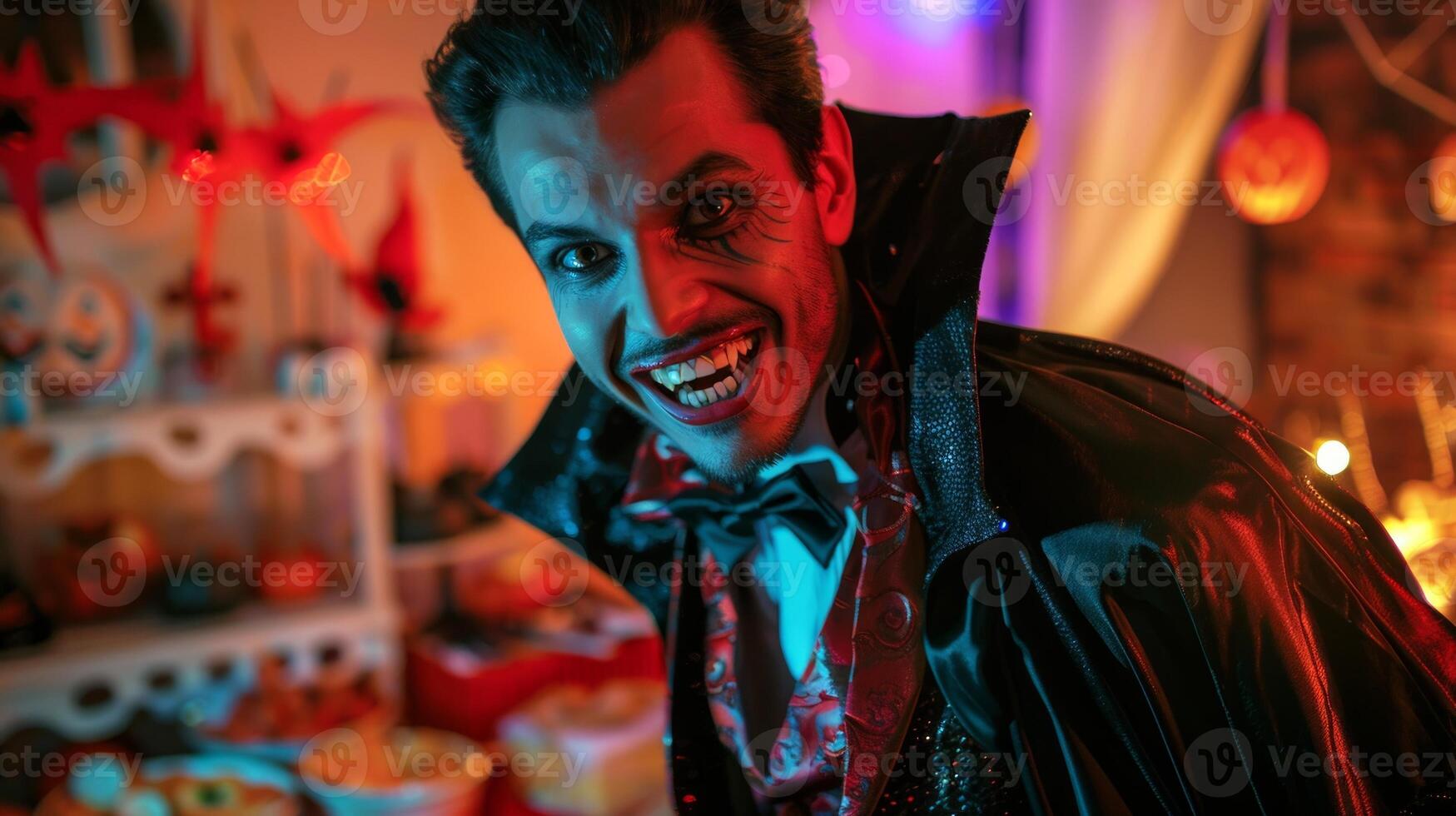 Man Dressed as Vampire Smiling at a Halloween Party. Concept of Costume, Festivity, Celebration, Holiday Spirit photo