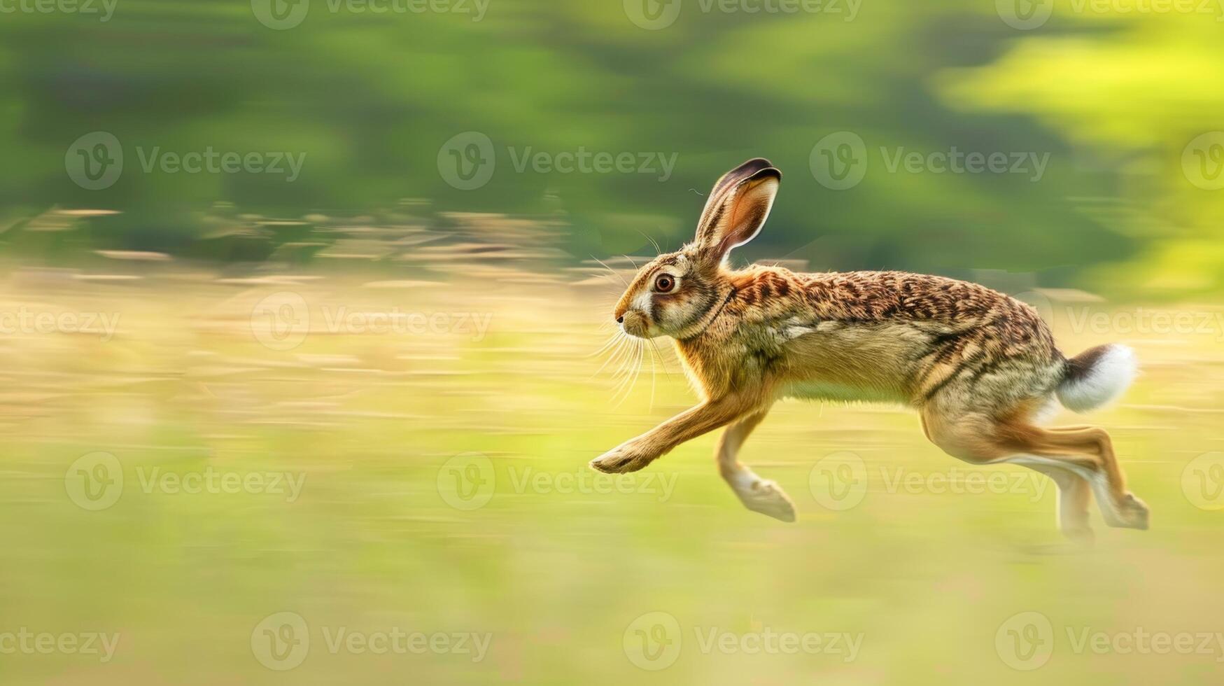Rabbit Racing Across a Grassy Meadow in a Blurred Motion Background. Concept of Wildlife, Speed, Nature, Animal Behavior, Beauty in Motion, Freeze Frame photo