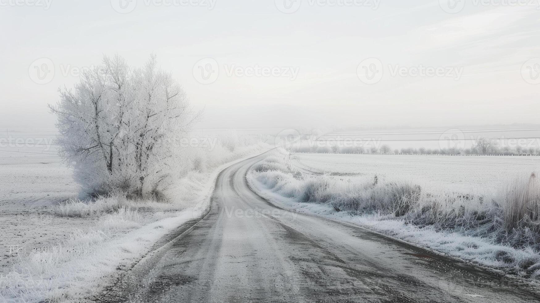 Serene Rural Road Covered in Snow with Frost-Covered Trees. Concept of Winter Landscape, Tranquil Nature, Snowy Countryside, Scenic Road photo