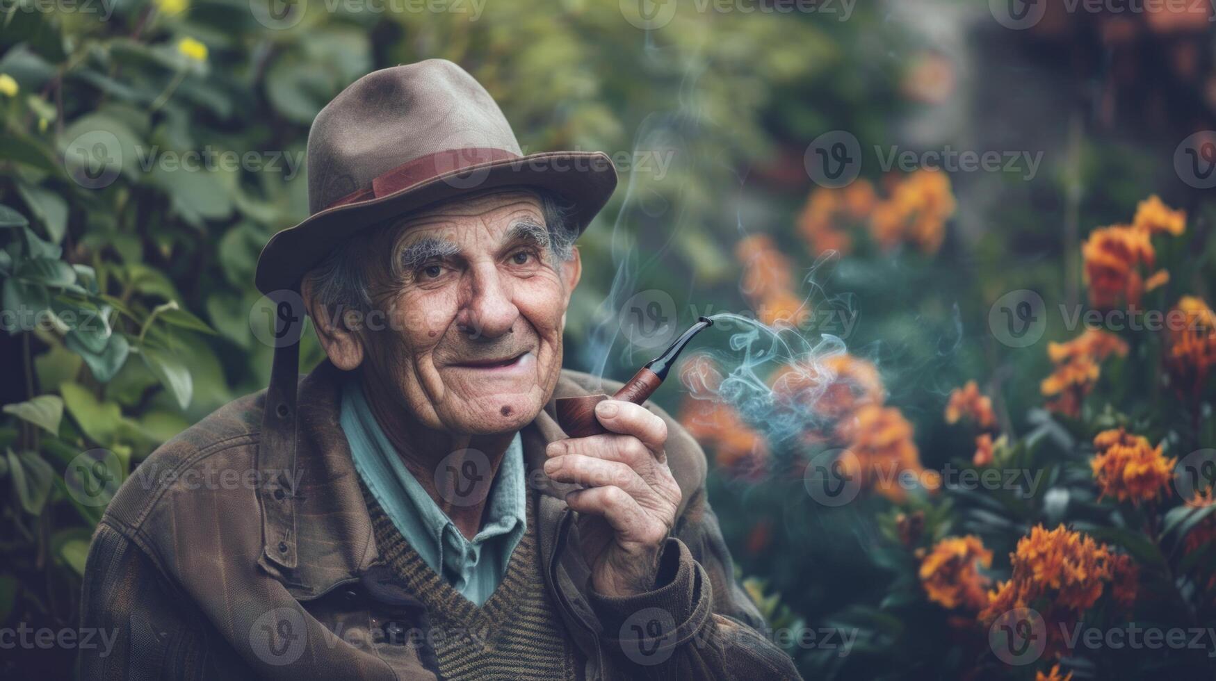 Elderly Caucasian male smoking a pipe outdoors in a garden. Concept of senior lifestyle, relaxation, nature, leisure photo
