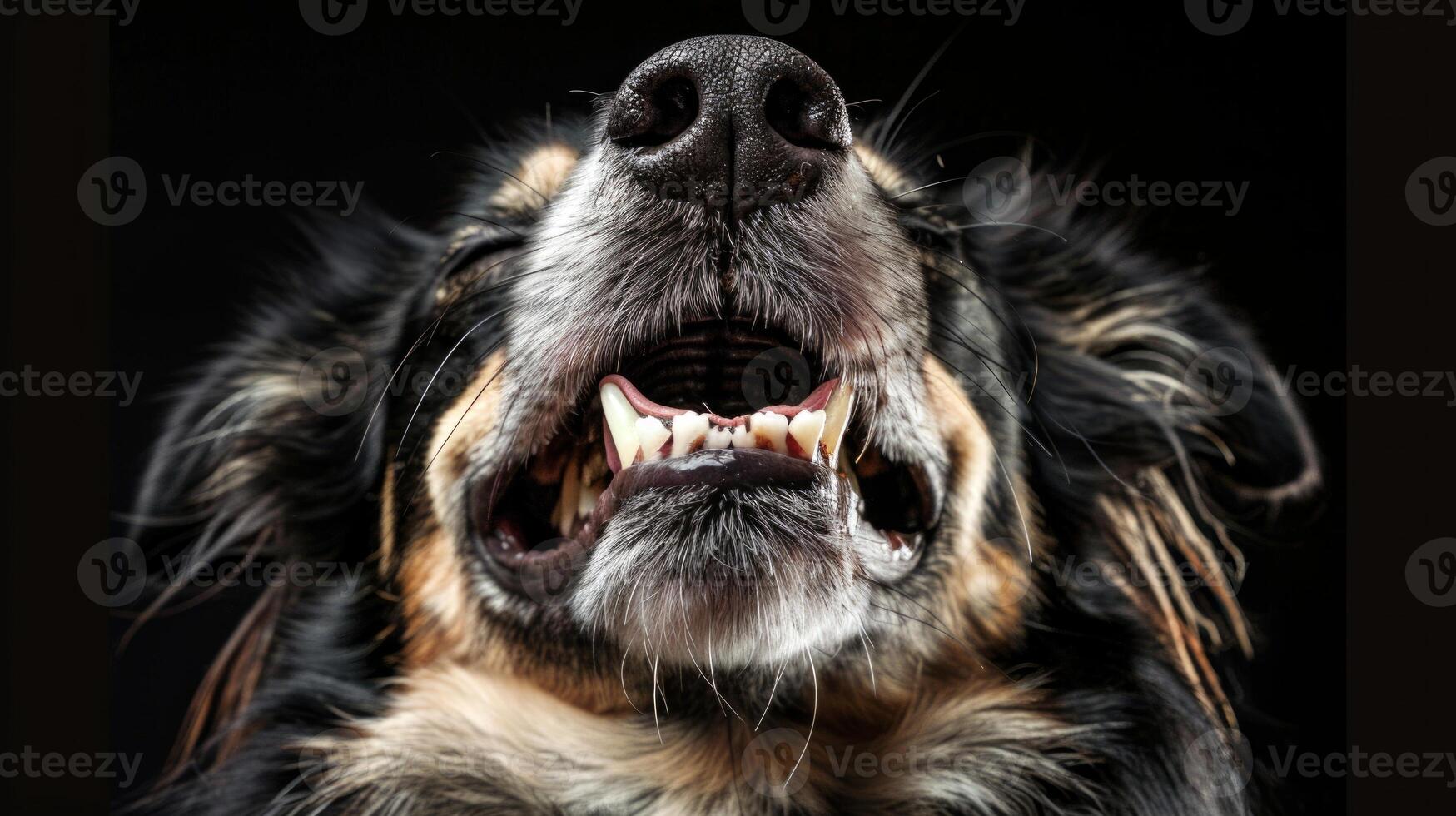 Close-up of a Playful Laughing Dog with its Teeth Visible on a Black Background. Concept of Pet Joy, Furry Friend Amusement, Canine Happiness, Funny Puppy photo