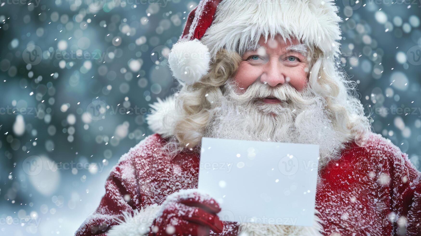 Smiling Santa Claus Holding Blank White Card in Snowy Background. Concept of Christmas, Holiday Greetings, Winter Festivity. Greeting card, postcard, mockup, invitation, letter. Copy space photo