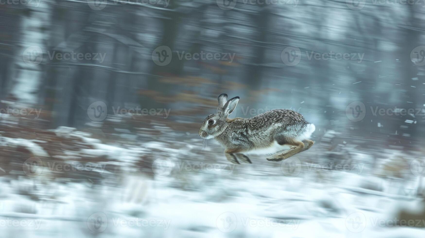 Dynamic Photo of a Rabbit Racing Through a Snowy Meadow. Concept of Speed, Wildlife, Winter, Nature, Beauty in Motion, Freeze Frame